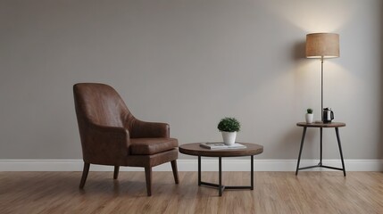 A modern living room with matching furniture theme set and decorative items 3d illustration. An empty wall and art frame mock-up template on the wall.