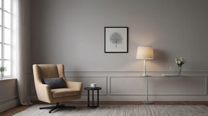 A modern living room with matching furniture theme set and decorative items 3d illustration. An empty wall and art frame mock-up template on the wall.