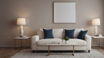 Fototapeta premium A modern living room with matching furniture theme set and decorative items 3d illustration. An empty wall and art frame mock-up template on the wall.