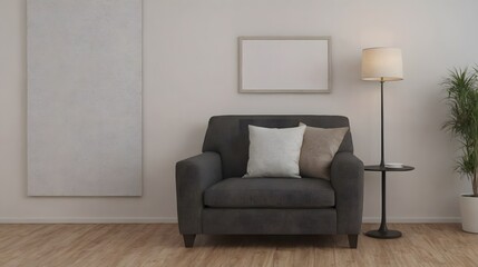 Fototapeta premium A modern living room with matching furniture theme set and decorative items 3d illustration. An empty wall and art frame mock-up template on the wall.