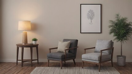 A modern living room with matching furniture theme set and decorative items 3d illustration. An empty wall and art frame mock-up template on the wall.