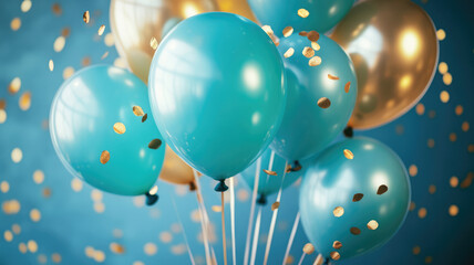 turquoise balloons and golden confetti, ideal for sophisticated party designs elegant celebration background, highly detailed image