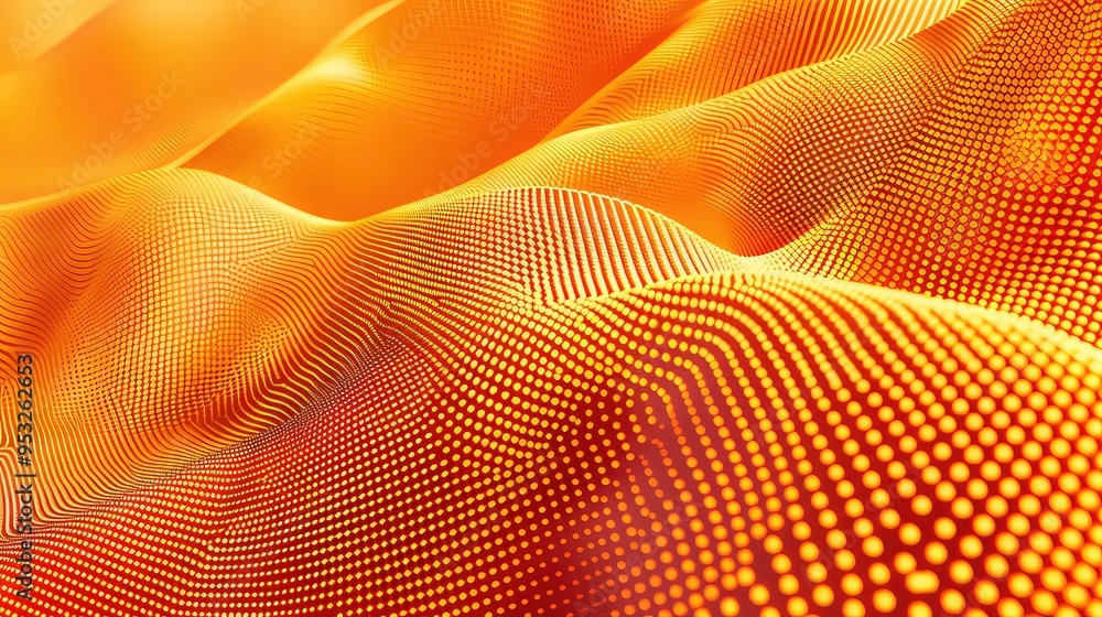 Poster abstract golden background with a grid pattern of yellow dots forming waves.