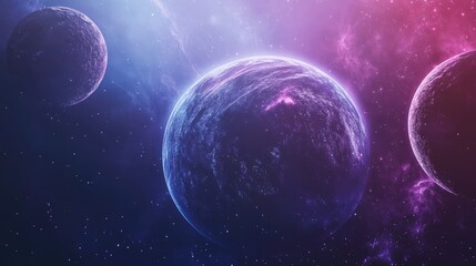 A cosmic scene featuring three planets in a vibrant, colorful space background.