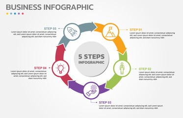 Visual data presentation. Cycle diagram with 5 options. Pie Chart Circle infographic template with 5 steps, options, parts, segments. Business concept. Editable pie chart with sectors. Single layer.
