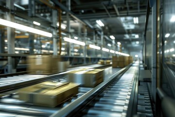 Fototapeta premium A conveyor belt with boxes moving down it