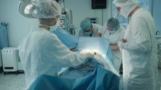 Nurse gathers steel tools in surgery room. Cardiological surgeons take care after coronary artery bypass surgery with in hospital. Dangerous operation