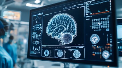 Computer Monitor Displaying MRI Scan of the Human Brain for Medical Diagnostics and Research