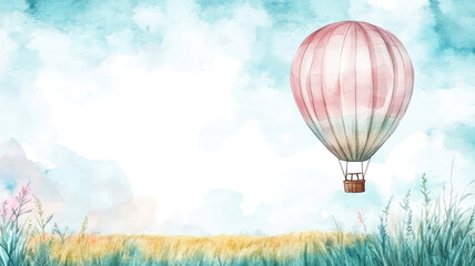 Obraz premium watercolor painting of a hot air balloon soaring above fields, copy space banner, whimsical sky background, detailed high definition image