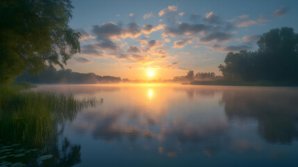 Calm lake at sunrise with fog, reflecting golden light and cloudy sky.
