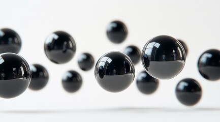 Floating black spheres create an artistic display against a light backdrop in a modern setting