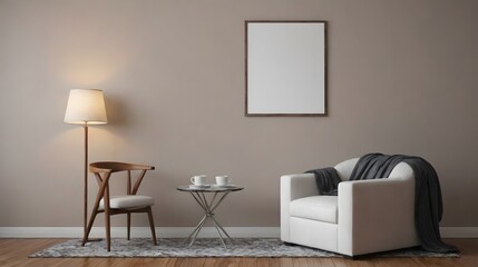 Home mock up design, minimalist decorated white wall and wooden flooring interior design background.