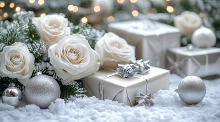 Elegant white roses and decorated gifts create a cozy holiday atmosphere in winter decor