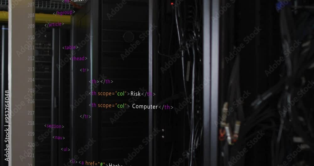 Poster html code animation over server racks in data center