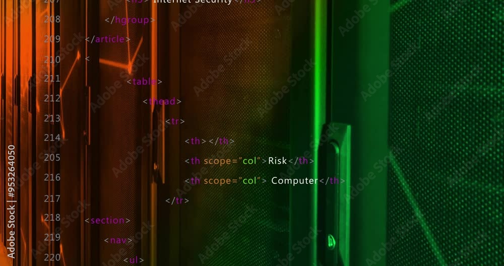 Poster html code with spywar class animation over colorful server room background