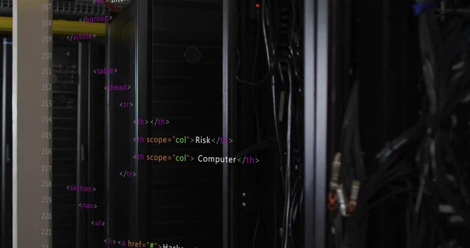 HTML code animation over server racks in data center