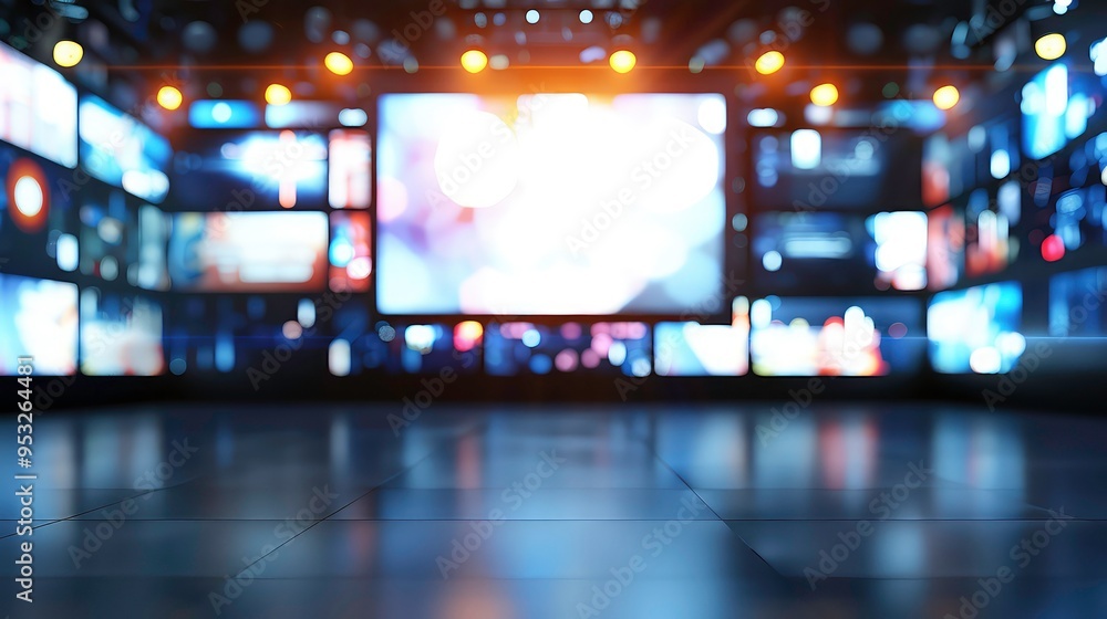 Aufkleber blurred background of a stage with a large screen and many smaller screens behind it.