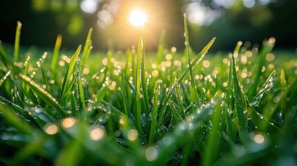 Naklejka premium Dewdrops on Green Grass in the Morning Sun.