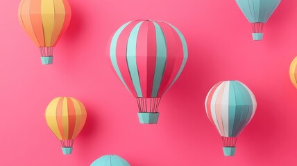 Naklejka premium a paper hot air balloon festival with multiple balloons, isolated on a solid pink background, high quality photo