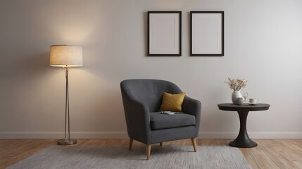 A sitting area in the room interior design image with arm chair, side table and two empty wall art frame for art display.