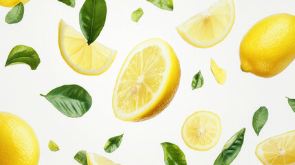 Yellow lemon slices falling with green leaves isolated on white background