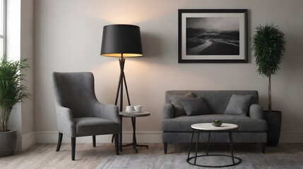 High resolution interior design with wooden flooring and a grey sofa, coffee table, wall art frame mock up design template.