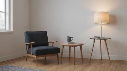 A sitting corner area in the bedroom interior design image with arm chair, table and empty wall for wall art product display.