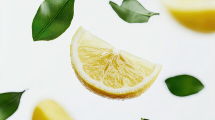 Yellow lemon slices falling with green leaves isolated on white background