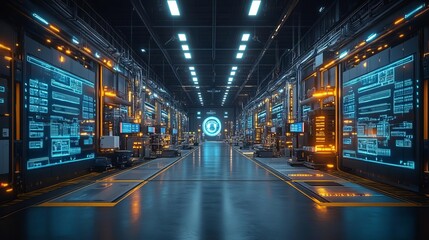 A futuristic logistics hub where AI, robots, and innovative design work together in perfect coordination, driven by the latest research developments