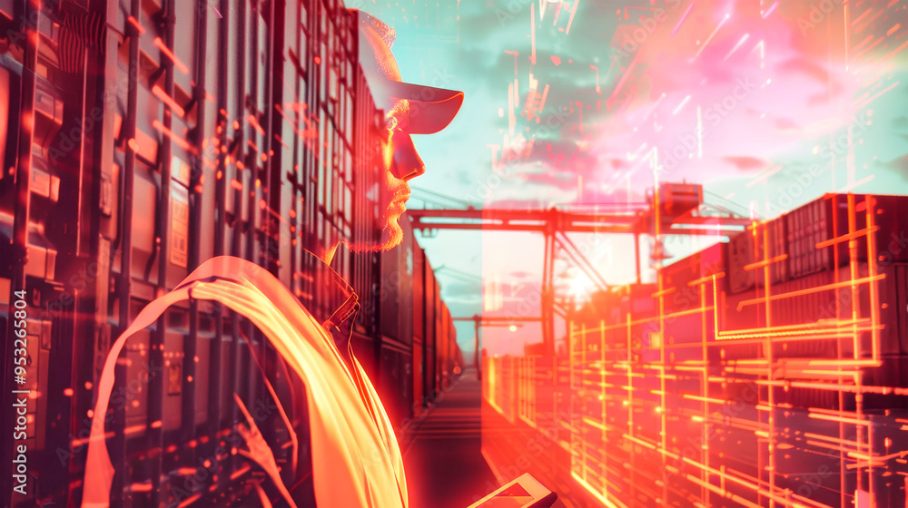 Aufkleber a logistics worker assesses data while surrounded by containers, illuminated by digital patterns, sh