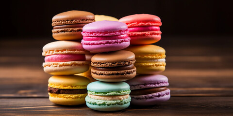 Colorful Stack of Macarons on Wooden Surface
