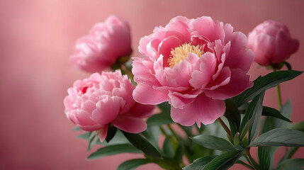 Fototapeta premium Close up of a pink peony flower with a soft pink background.