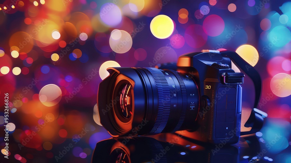 Poster professional dslr camera with a large lens in focus against a background of colorful bokeh.