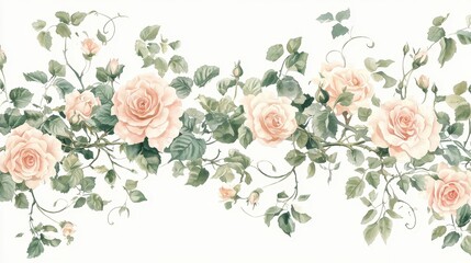 Elegant floral pattern featuring soft pink roses entwined with lush green leaves, perfect for wallpaper or textile design.