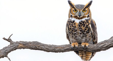 Obraz premium A majestic great horned owl perched on a branch against a clear sky during daylight hours