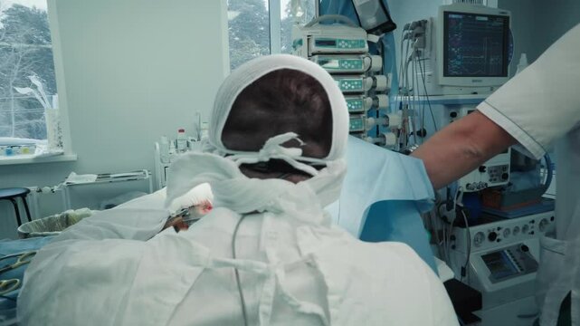 Surgeon and anesthesiologist work at heart operation. Medical specialists conduct complicated coronary artery bypass surgery for patient in hospital