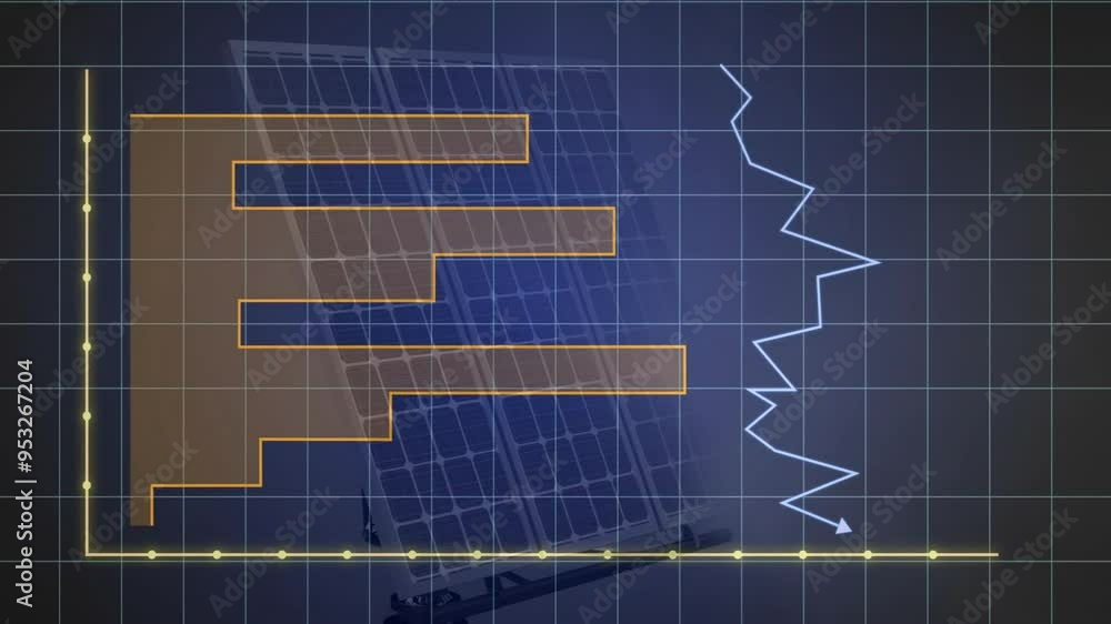 Aufkleber bar and line chart animation over solar panel background