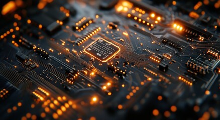 Obraz premium Detailed close-up of a computer circuit board with glowing components in a dark environment