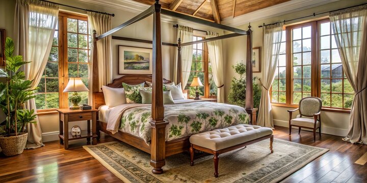 luxurious rustic retreat modern wooden four-poster bed surrounded vintage botanical prints natural light pouring through large window adorned with soft flowing white curtains