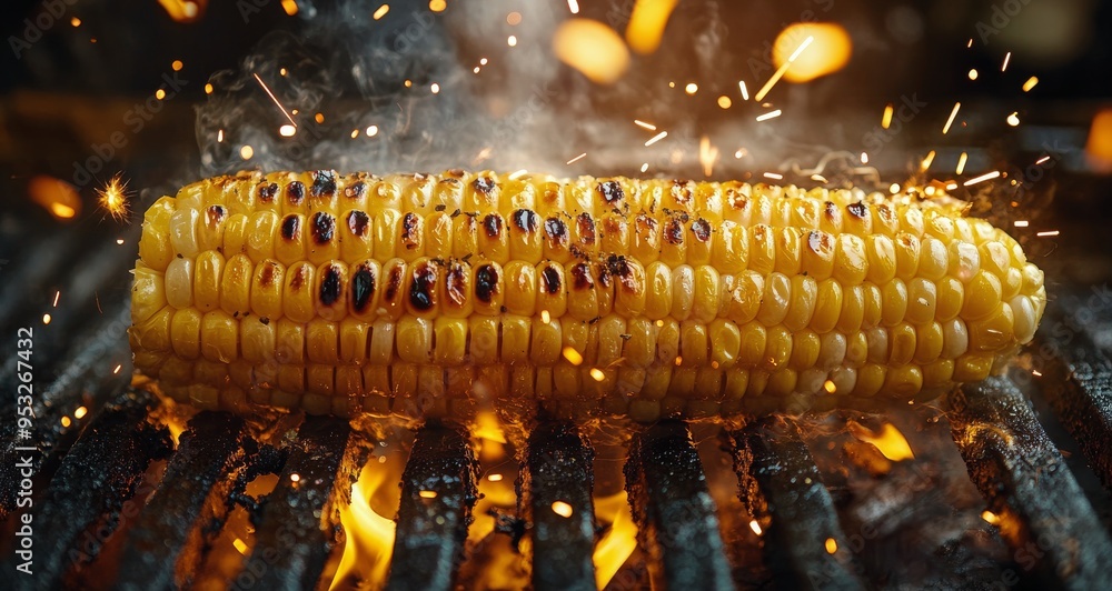 Wall mural Grilled corn on the cob roasting over hot coals with smoky flavors and sparks flying