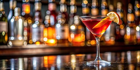 Close-up shot of a cosmopolitan cocktail with orange garnish on a bar counter