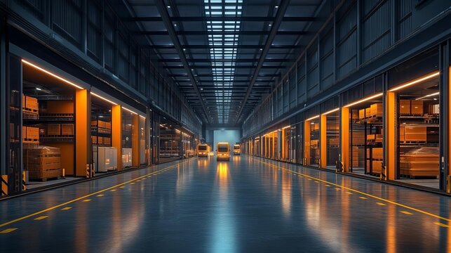 A modern logistics facility where AI coordination and robotic systems are creatively designed and integrated through research-focused innovation