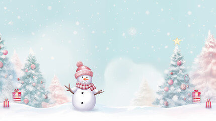 Obraz premium Festive Winter Wonderland with Snowman and Decorated Christmas Trees in Snowy Landscape