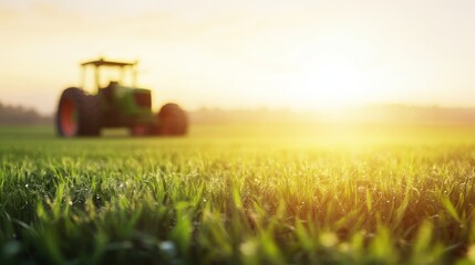 Fototapeta premium A serene landscape featuring a tractor in a field at sunrise, highlighting agricultural life and nature's beauty.