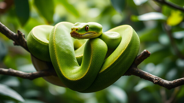 A graceful green tree python