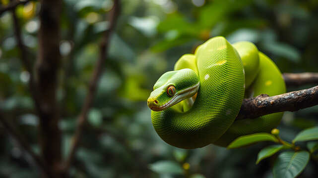 A graceful green tree python