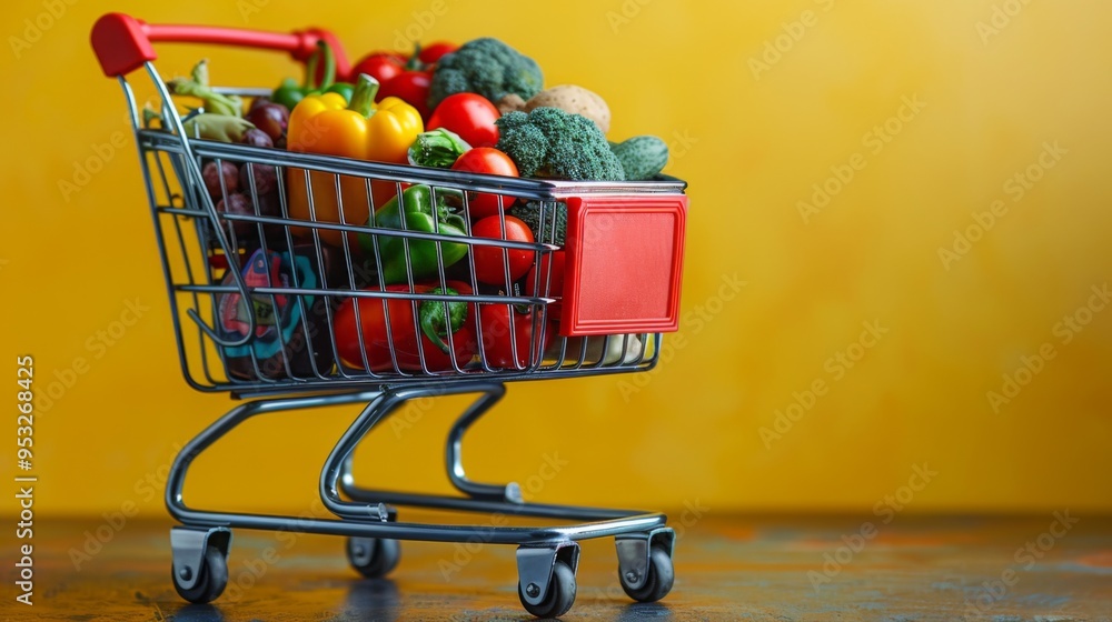 Poster an artistic depiction of a digital shopping cart packed with an array of fresh produce and food esse
