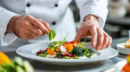 A chef's hands carefully plating a dish with fresh organic vegetables