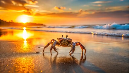 Fototapeta premium Crab walking across sandy beach during sunset