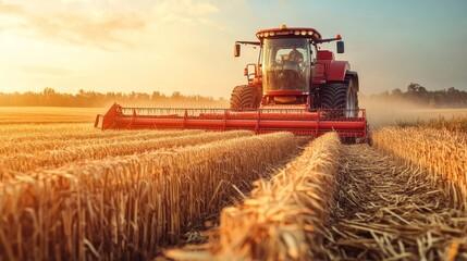 Obraz premium A red tractor harvesting wheat in a golden field during sunset, showcasing agricultural activity and rural beauty.